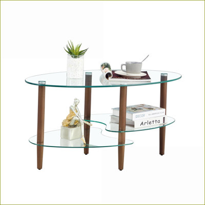 Table basse ovale transparente en verre trempé pour le salon, rangement à 3 couches, pieds en chêne faciles à nettoyer