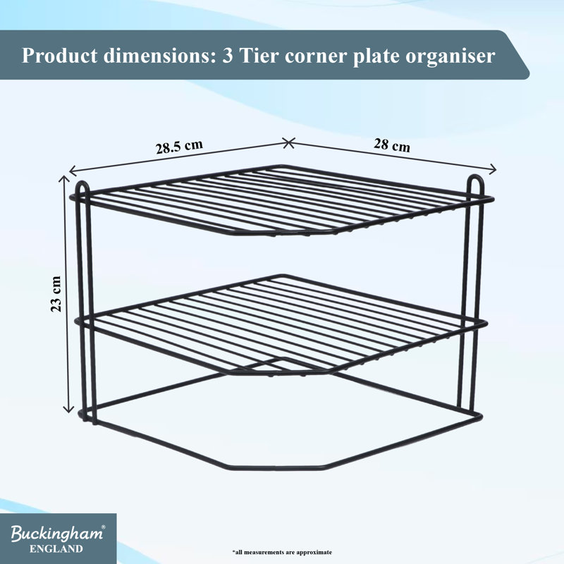 Buckingham 3 Tier Corner Plate Rack Kitchen Cupboard Storage Organiser 28 Cm, Matte Black