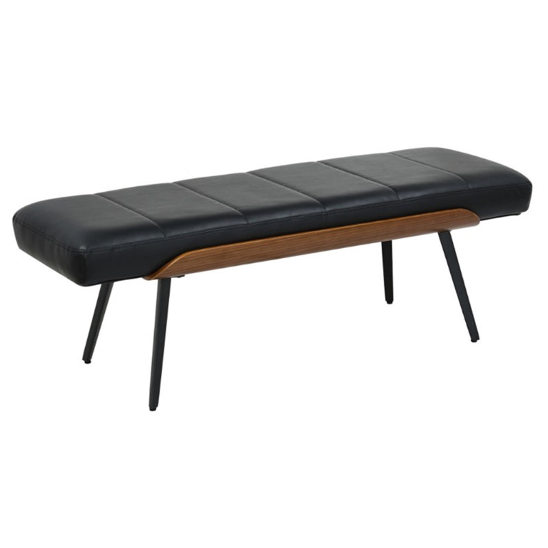 Banc Mid-Century moderne en similicuir et métal - noir et noyer