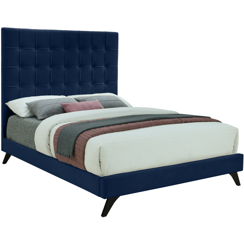 Tufted Upholstered Low Profile Platform Bed, Full, Navy Velvet