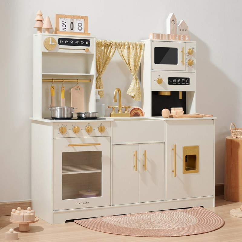 Cream Wooden Play Kitchen Set with Gold Accents