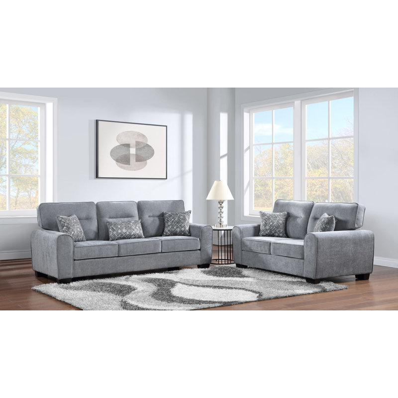 Ensemble de canapé à accoudoirs coussinés en tissu 2 pièces et 5 coussins décoratifs, Tissu gris pâle