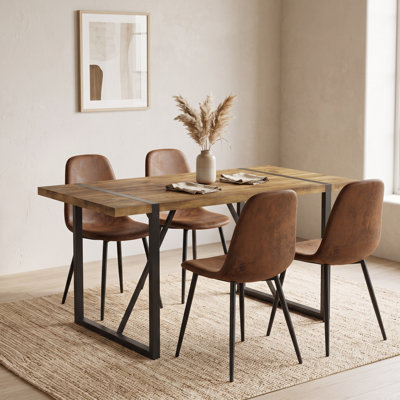 Ensemble de salle à manger 5 pièces rectangulaire moderne en bois avec base géométrique en métal et chaises rembourrées