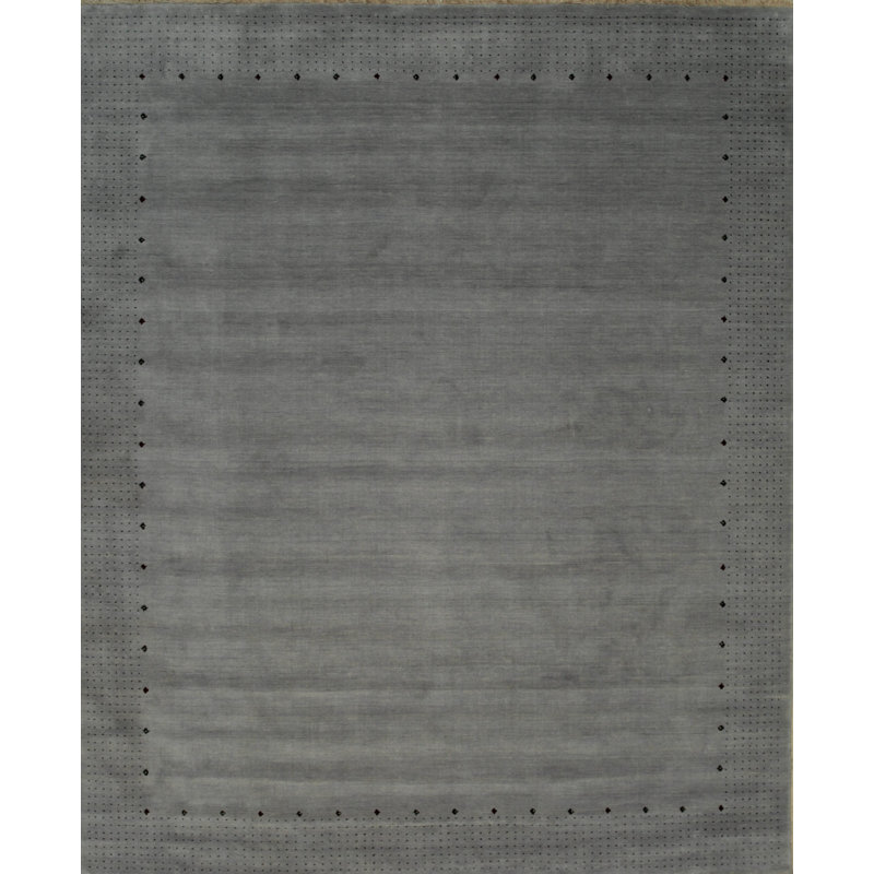 8x10 Gray Hand-Knotted Wool Dotted Border Open Field Solid Modern Contemporary Carpet Rug