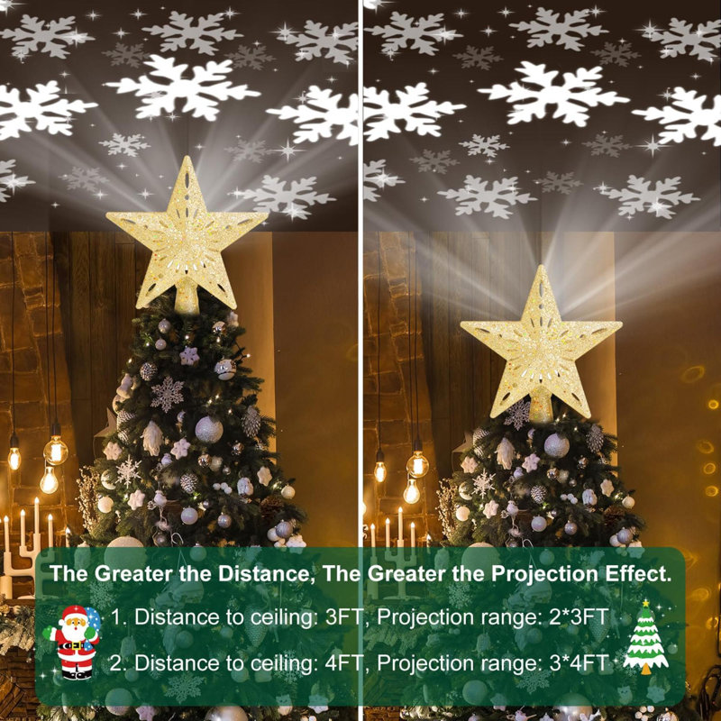 Christmas Tree Topper Star Lighted With 6 Projection Modes,Christmas Star Tree Topper With LED Rotating Lights,Gold Tree Topper 3D Glitter Dynamic Projection For Xmas Party Holiday Decorations
