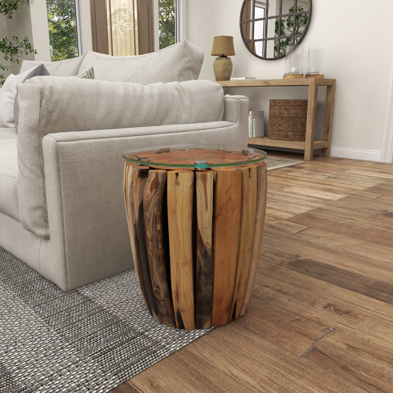 Ranier Brown Teak Wood Handmade Live Edge Tree Branch Side End Accent Table with Clear Glass Top