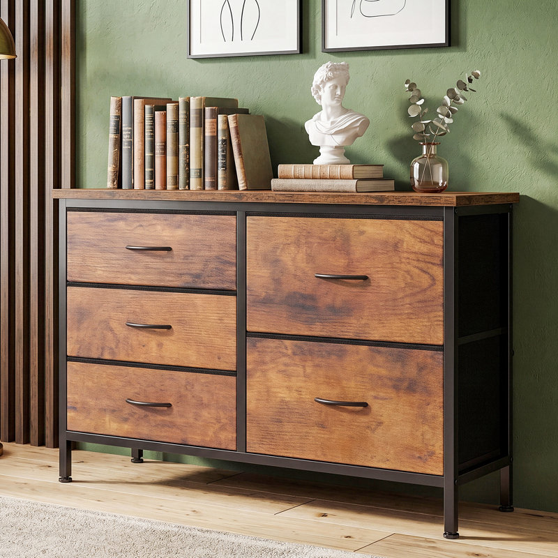 Fabric Drawer Dresser with Wood Top, 39.4’’ W Dresser with 5 Drawers, Storage Organizer, Chest of Drawers, Rustic Brown