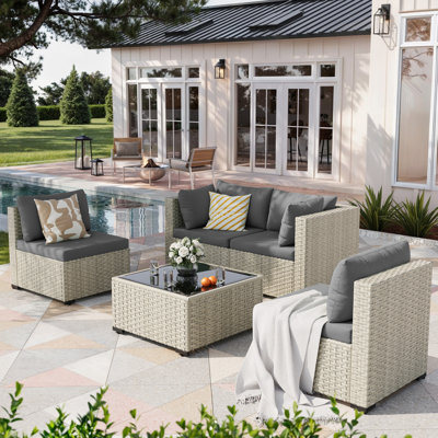 5 Pieces Design-Oriented Rattan Patio Conversation Sets With Cushions