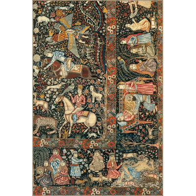 Washable Floral Themed Human Horse Figure Patterned Ethnic Vintage Decorative Area Rug