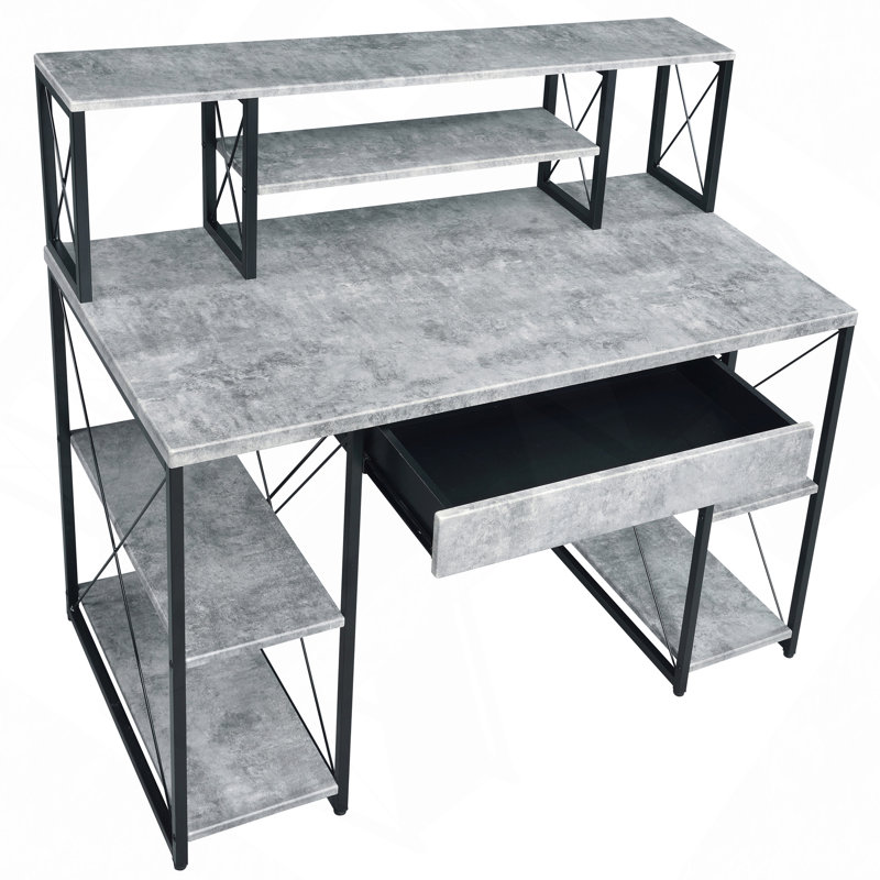 Bureau, bureau avec tablettes ouvertes et huche, Gris / Noir