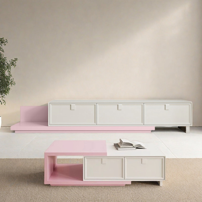 Ensemble de meuble télé et table basse extensible en bois massif, Crème et rose