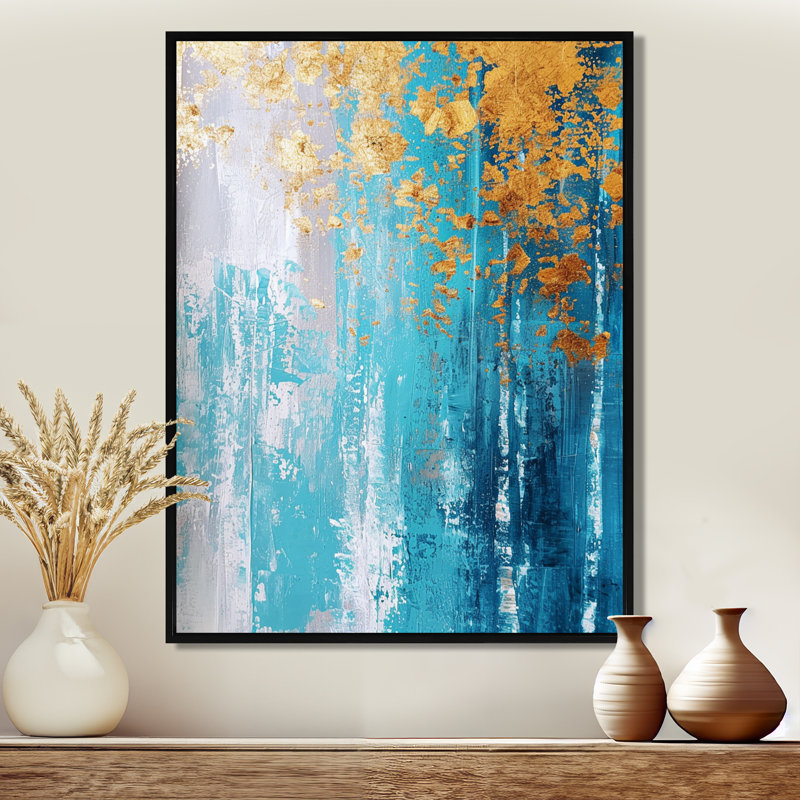 Bouleau doré sur fond sarcelle rétro - Botanicals, art mural, H 40 po x l 30 po, Cadre flottant noir, bois massif