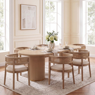 Chassidi 6-Person Dining Table Set With Upholstered Armchairs & Fluted Double Pedestal Base