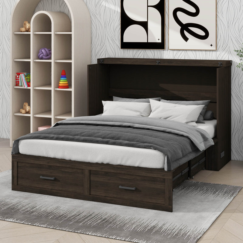 Queen Size Farmhouse-Style Murphy Cabinet Bed, Equipped With Charging Station And Foldable Platform, Featuring A Spacious Storage Drawer For Guest Rooms
