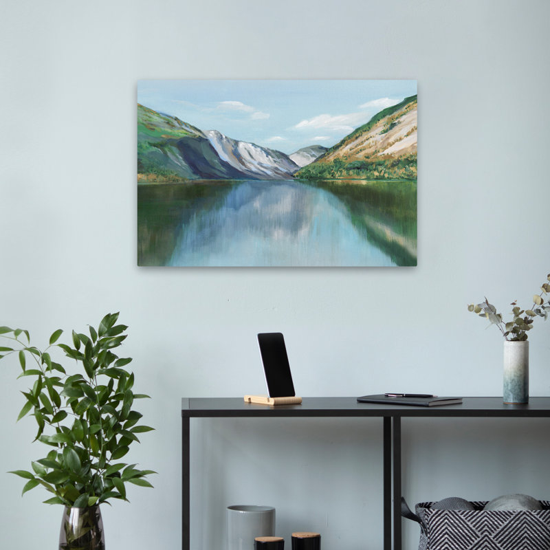 Montagnes et lac, art du bassin florissant, H 16 po x l 24 po