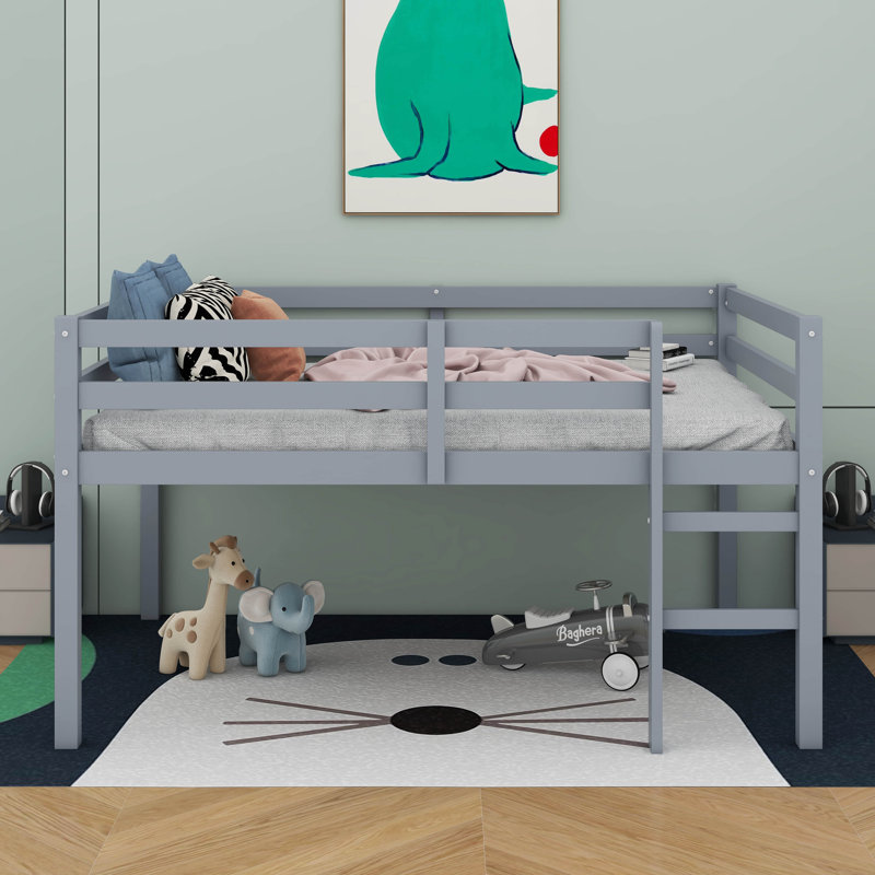 Lit mezzanine double en bois d'hévéa avec échelle, Gris