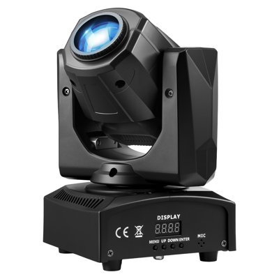 Projecteur à tête mobile DEL RGB de 30 W, idéal pour les mariages, les fêtes, les événements et les spectacles. Il propose 8 gobos et 8 couleurs, une rotation panoramique de 540° et une inclinaison de 270°, et est compatible DMX et avec activation sonore.
