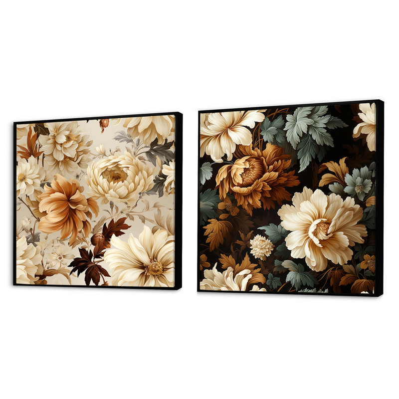 Rustic Brocade Elegance Victorian Motif III - Ensemble de 2 collages carrés floraux, Cadre flottant noir, H 16 po x l 33 po