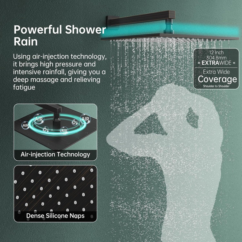 Hoimpro 2-In-1 Shower System With Adjustable Slide Bar, 12 Inch Square Rain Shower Head And Handheld Shower Wand, Wall Mounted Bathroom Shower Set