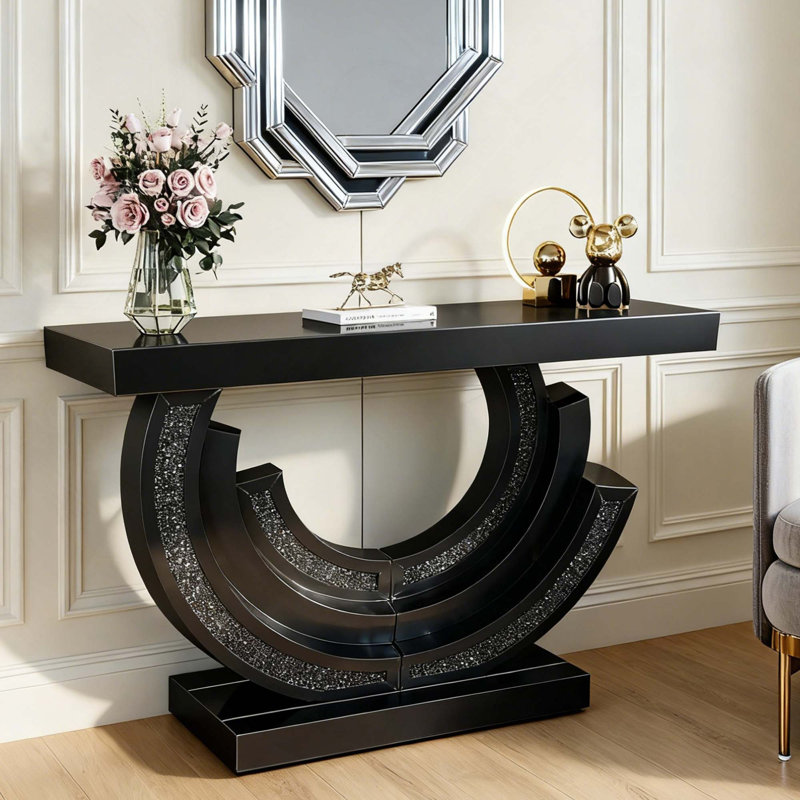 Console en verre à miroir avec miroirs polis à la main et incrustation de diamant pour la décoration intérieure, Noir