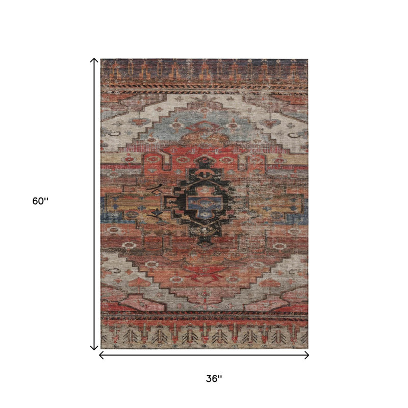 Tapis intérieur/extérieur lavable, 90 x 150 cm, motif tribal rouille, ivoire et gris, 90 x 150 cm