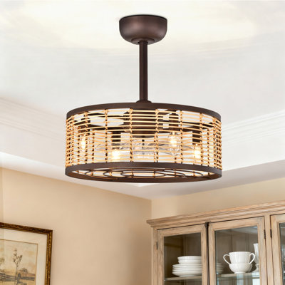 18.5 "Remote Reversible Vintage White Rattan Cage Down Rod Mount Flush Mount Ceiling Fan with Living Room/Bedroom Lighting Kit