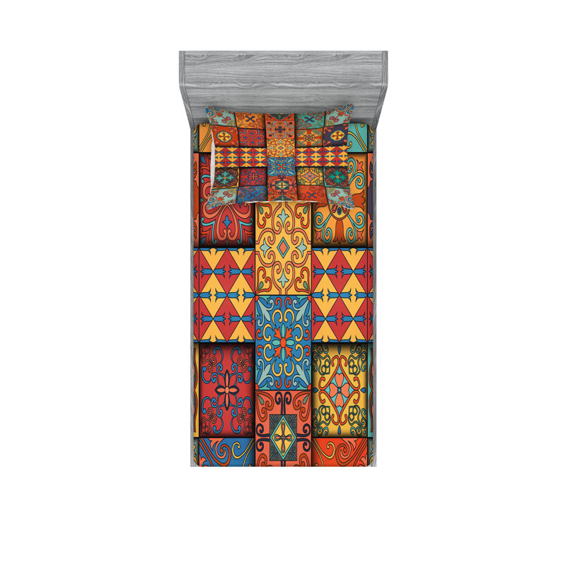 Multicolore drap-housse et coussin décoratif Ambesonne Talavera, Ensemble de draps pour lit simple TG + 3 articles 