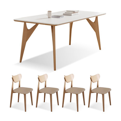 4 - Person White + Burlywood Rectangular Sintered Stone + Solid Wood Dining Table Set