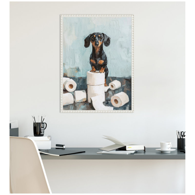 «Cute Dachshund Dog», papier de toilette, bleu sarcelle, salle de bain par The Creative Bunch Studio, reproduction d'art sur toile encadrée