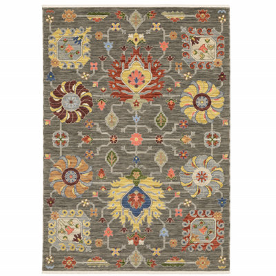 Tapis oriental gris / rose en laine et en nylon tissé à la machine