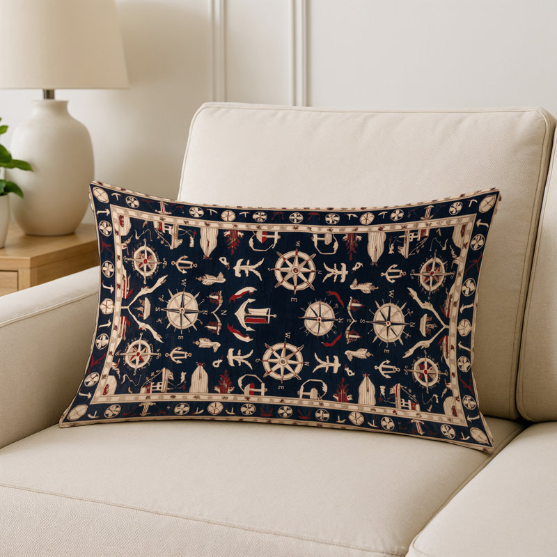 Nautical Indoor and Outdoor Pillow, Black Mediterranean Maritime, Rectangle 25" x 18"