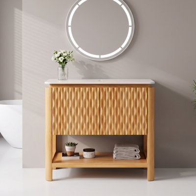 30" Freestanding Modern Fluted Bathroom Vanity Cabinet, Sintered Stone Top, Light Wood, Not Sink Included