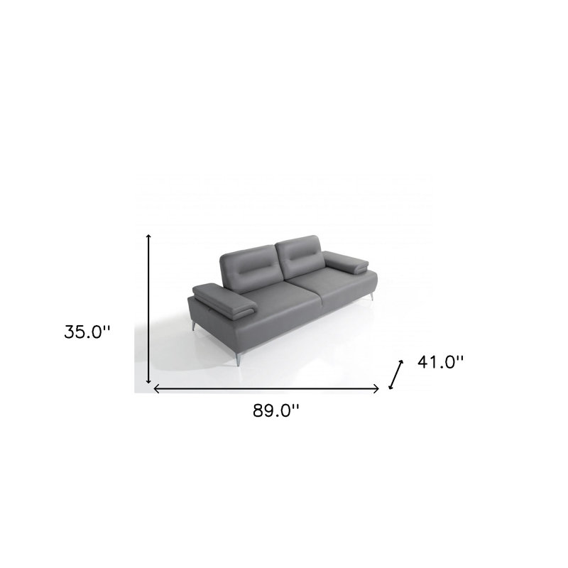 89" Light Gray Leather Convertible Sofa And Toss Pillows With Silver Legs