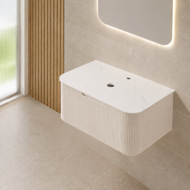Meuble-lavabo mural de 76 cm (30 po) avec fini blanc et comptoir en pierre artificielle (lavabo non inclus).