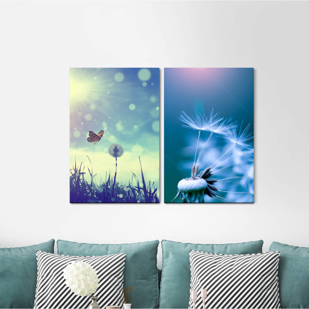 2-tlg. Leinwandbilder-Set - Grafikdruck „Summer Butterfly Blowball Meadow Sunshine Sun Sky”