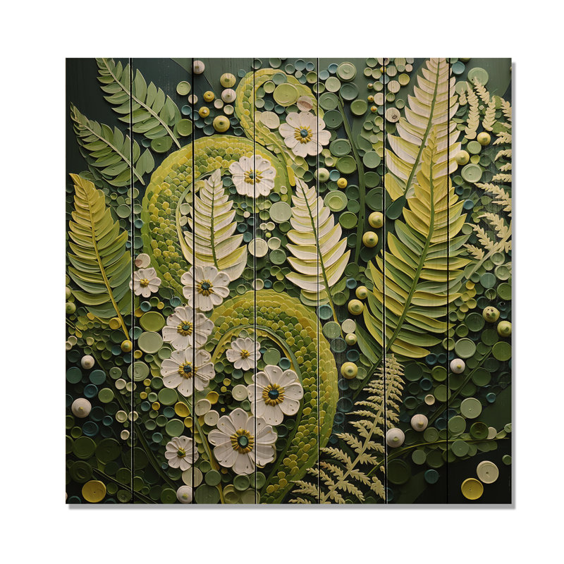 Fougère vert clair plante fantaisiste spirales I sur bois, H 30 po x l 30 po x P 0,78 po