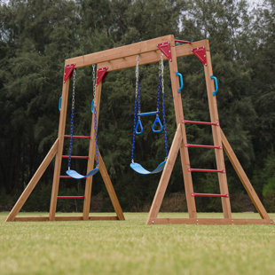Dolphin Playground Wooden Outdoor Swing Set With 2 Belt Swings, Gym Rings, And Climbing Ladder For Kids