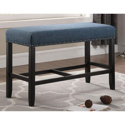 Banc de salle à manger à hauteur de comptoir en bleu avec mélange de tissu et garniture élégante recouverte d'un cadre en bois massif