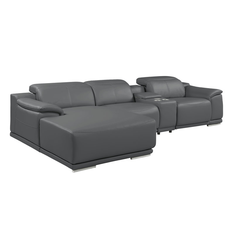 Canapé modulaire en L en cuir véritable 4 pièces avec accoudoirs inclinables électriques et accoudoirs réglables faisant face à la gauche gris foncé