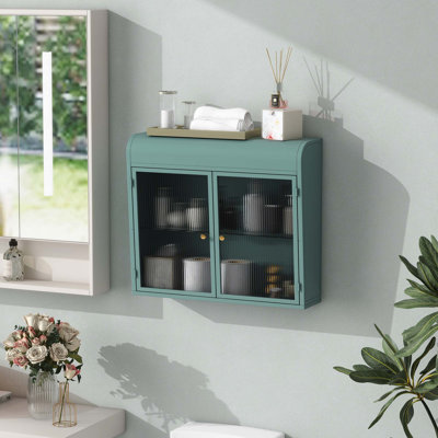 Armoire de rangement murale en métal 2 portes avec portes et tablettes en verre trempé