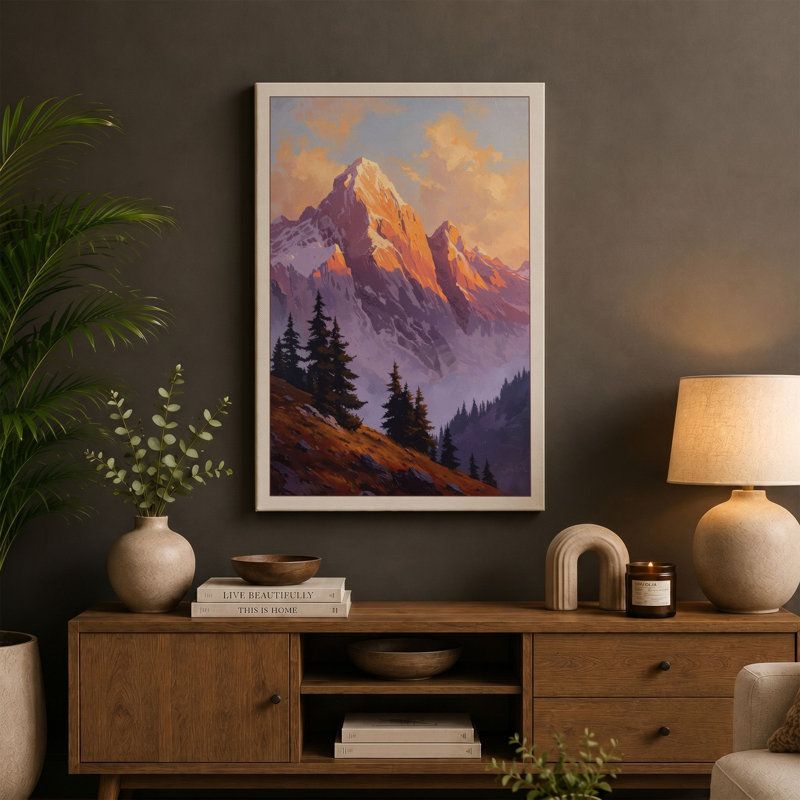 Mountains at Sunrise Landscape - Wrapped Canvas, 36x24 - 91.4 x 61.0 cm, Ochre Border
