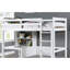 Lit mezzanine simple au-dessus d'un poste de travail moderne avec rangement, attaché et bibliothèque, couleur blanche, prêt pour le matelas, finition transitionnelle de tiroir amovible, prêt