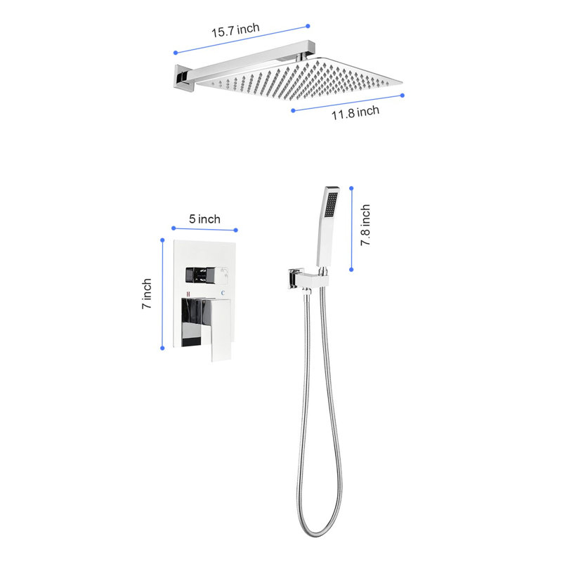 12" Rain Shower Head Wall Mounted , Finish, Brass & Stainless Steel, Offer Invigorating Shower, Self-Cleaning Nozzle, Include Accessories Kit