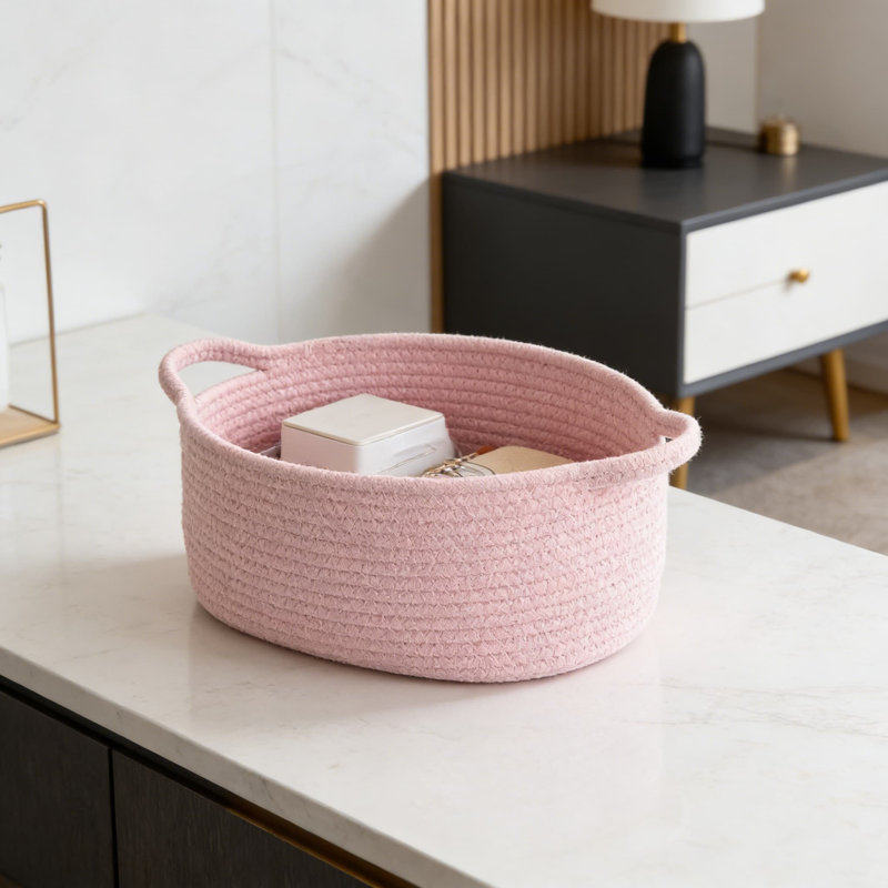 Handwoven Cotton Storage Basket With Reinforced Handles, Collapsible Decorative Organizer For Nursery, Home, And Gift Giving