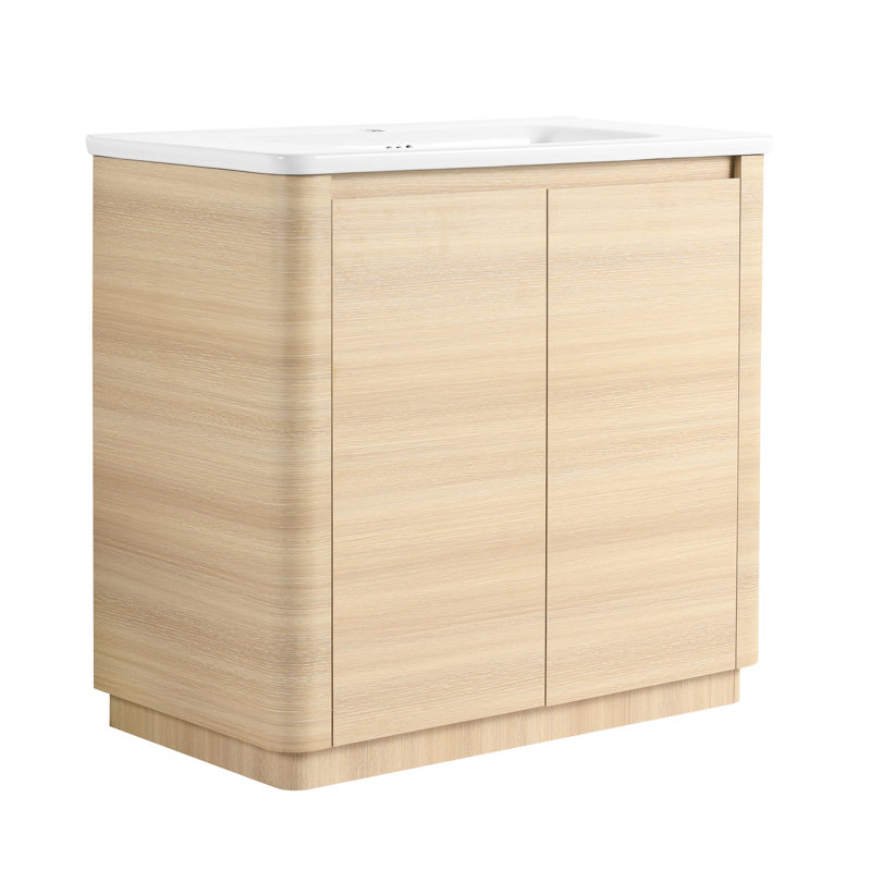 Meuble-lavabo autoportant de 36 po avec lavabo en céramique blanc, 2 armoires à fermeture douce, base en contreplaqué, rebords arrondis, fonctionnement silencieux, fermeture facile à assembler,