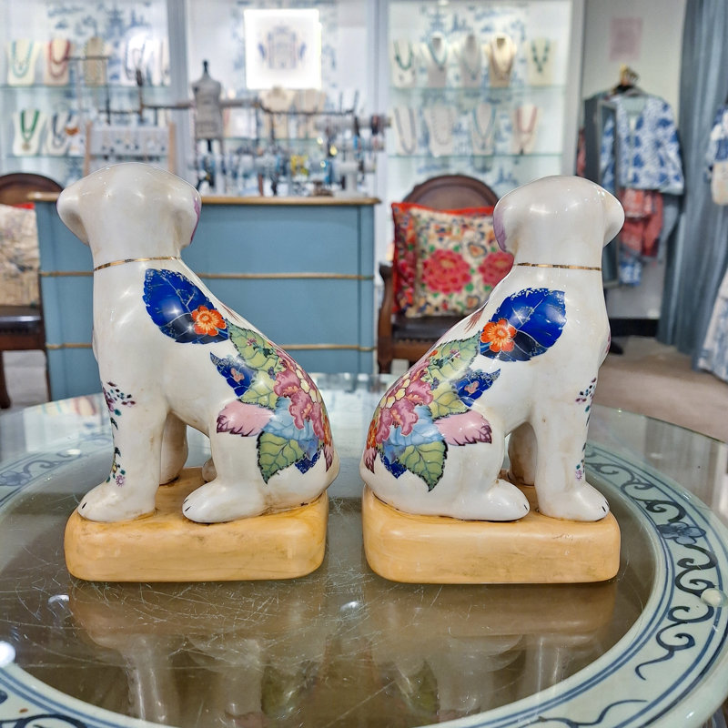 Tobacco Leaf Porcelain Dog Figurines Pair