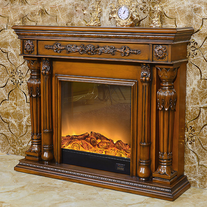 European style Roman column solid wood realistic flame electric fireplace cabinet, Brown, 43.31" H x 51.18" W x 12.6" D