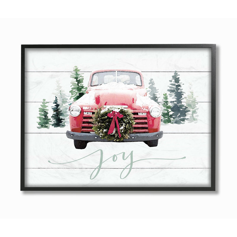 «Planked Look Holiday Joy Truck with Wreath and Trees», impression, H 11 po x l 14 po x P 1,5 po, Giclée encadrée noir minuit