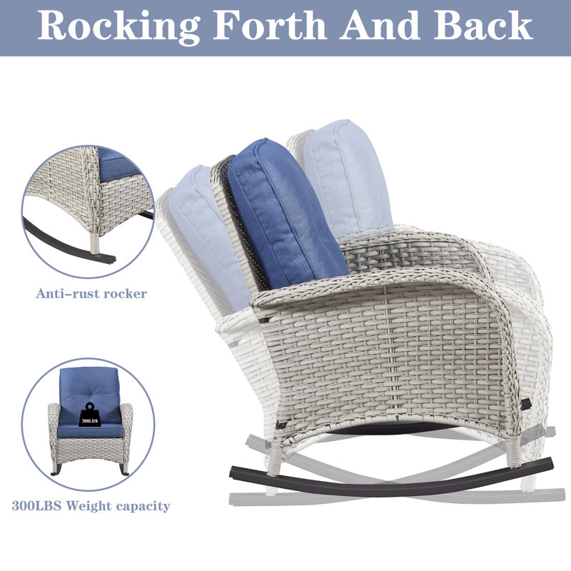 Ensemble de chaises berçantes en osier pour l'extérieur Tonry, Gris clair, Bleu