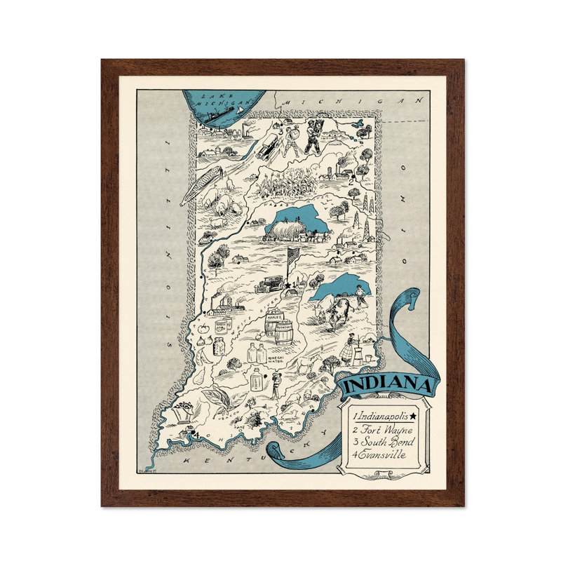 Carte illustrée de l'Indiana, 24"H x 32"W, Poster, Brown Framed